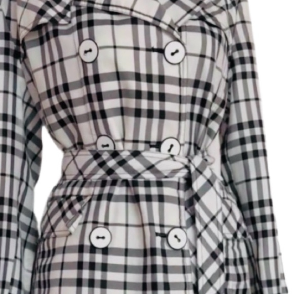 Cato Black White Plaid Belted Trench Coat Double Breasted size L - Picture 10 of 11